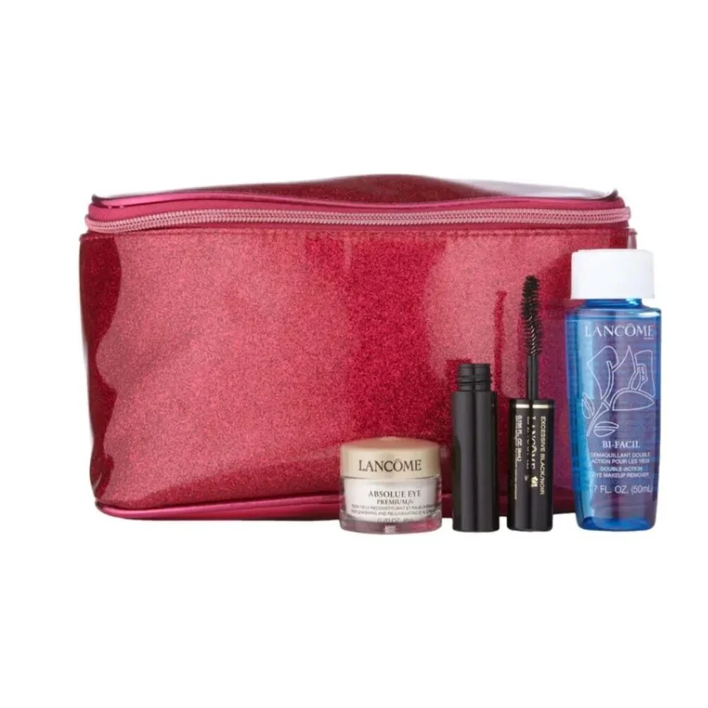 Lancome Beauty Gift Set-Sparkly Red Pouch,Eye Cream,Remover,Mascara-4pc-NEW